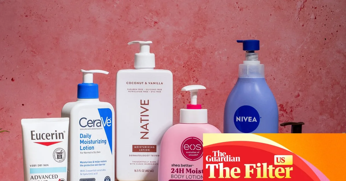 A selection of body lotion bottles and creams arranged for testing